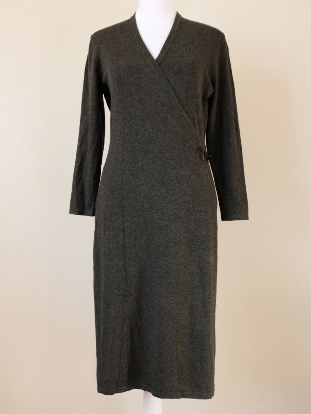Calvin Klein Sweater Wrap Dress, Dark Heather Grey, Size S, 3/4 Sleeve